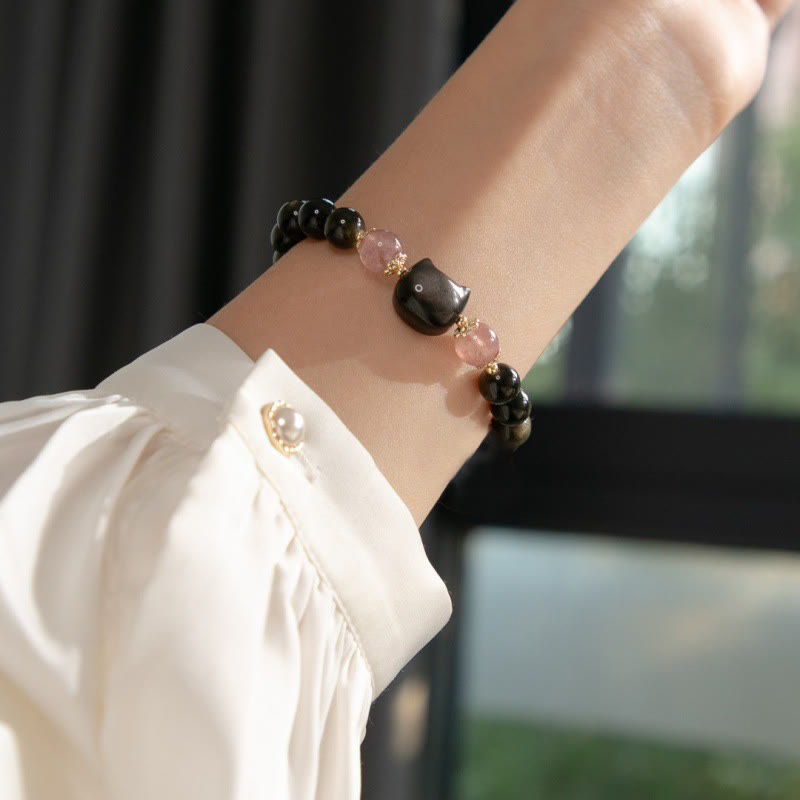 Buddha Stonesブラックオブシディアン ストロベリークォーツビーズ シルバーシーンオブシディアン キャットヘッド ストレングスブレスレット - image 5