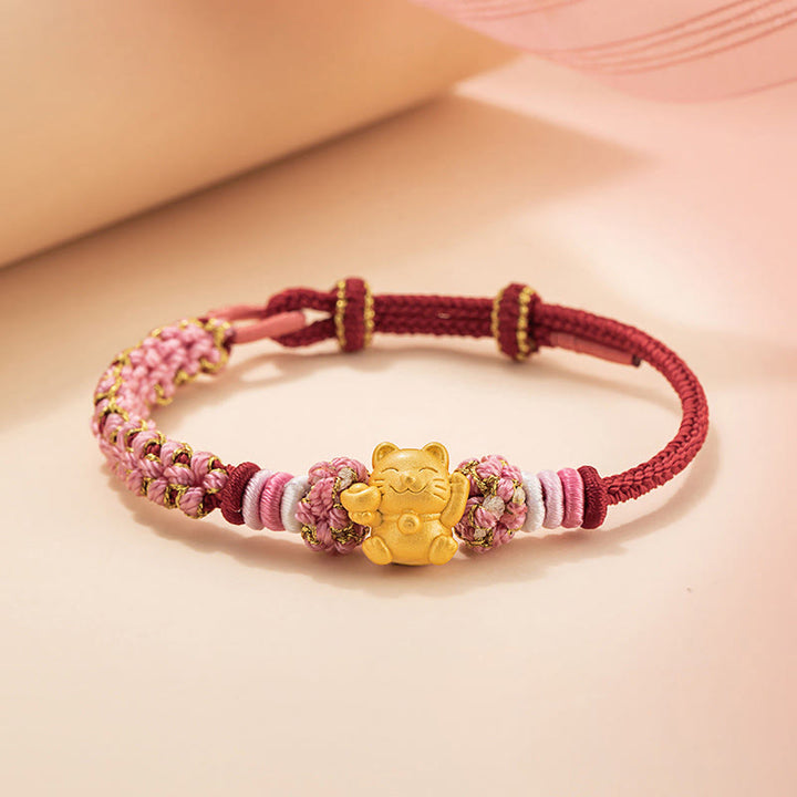 Buddha Stonesハンドメイド 999 スターリングシルバー幸運繁栄の猫インゴット 桃の花 幸運 赤いロープブレスレット - 赤いロープ(手首周り14~19cm) - image 1