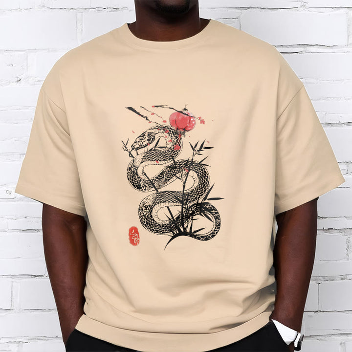 Buddha Stones、ランタン、竹の葉、蛇のデザインコットンTシャツ - image 14