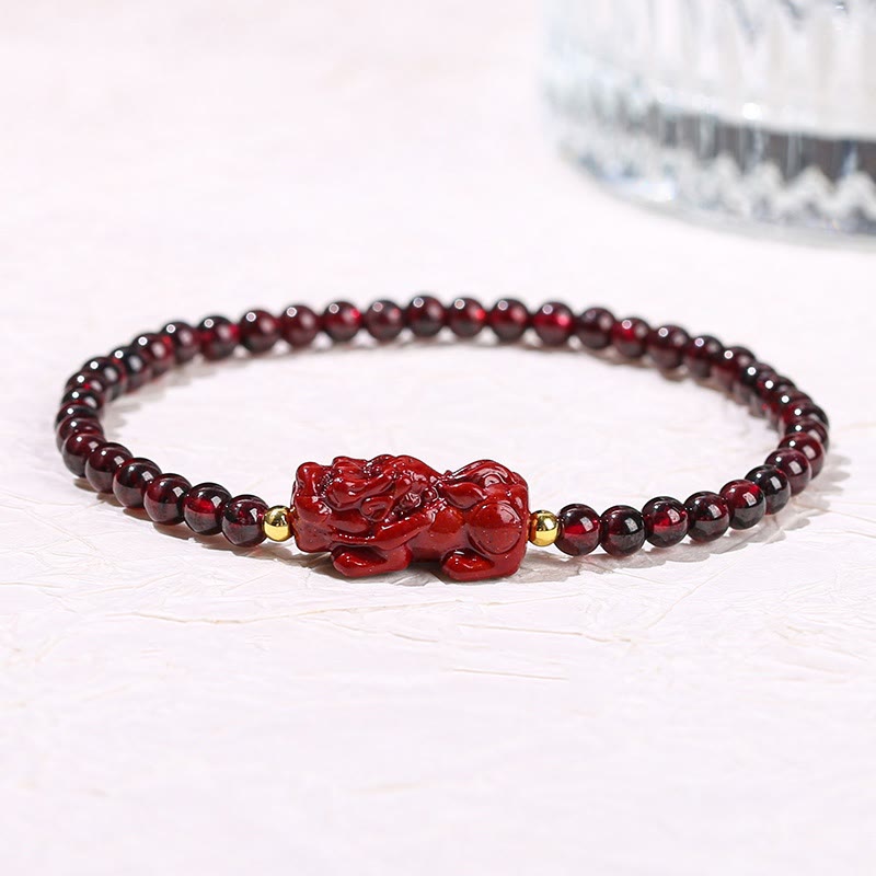 ガーネット 辰砂 貔貅 ストロベリークォーツ 4mmスクエアビーズ 守護 開運 ブレスレット 14~16cm | Buddha Stones