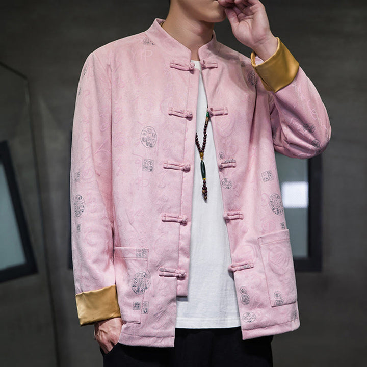 Buddha Stonesメンズ フロッグボタン 唐装 中国書道柄 鹿革 ポリエステル ジャケット シャツ ポケット付き