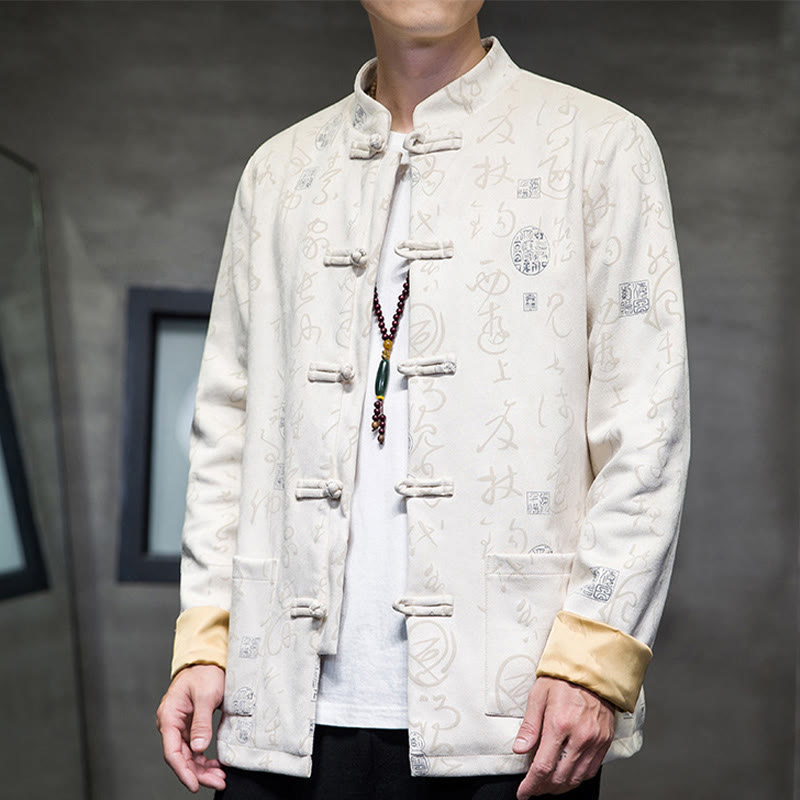 Buddha Stonesメンズ フロッグボタン 唐装 中国書道柄 鹿革 ポリエステル ジャケット シャツ ポケット付き