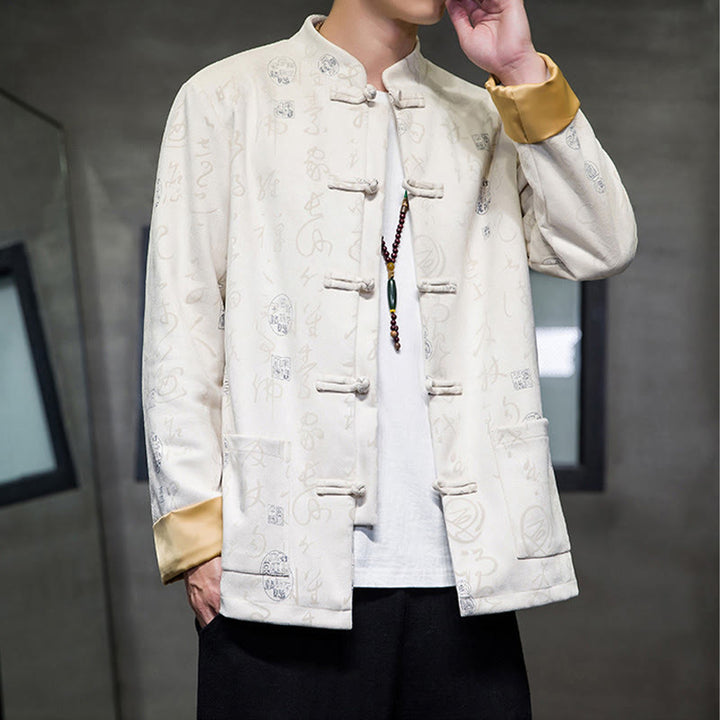 Buddha Stonesメンズ フロッグボタン 唐装 中国書道柄 鹿革 ポリエステル ジャケット シャツ ポケット付き