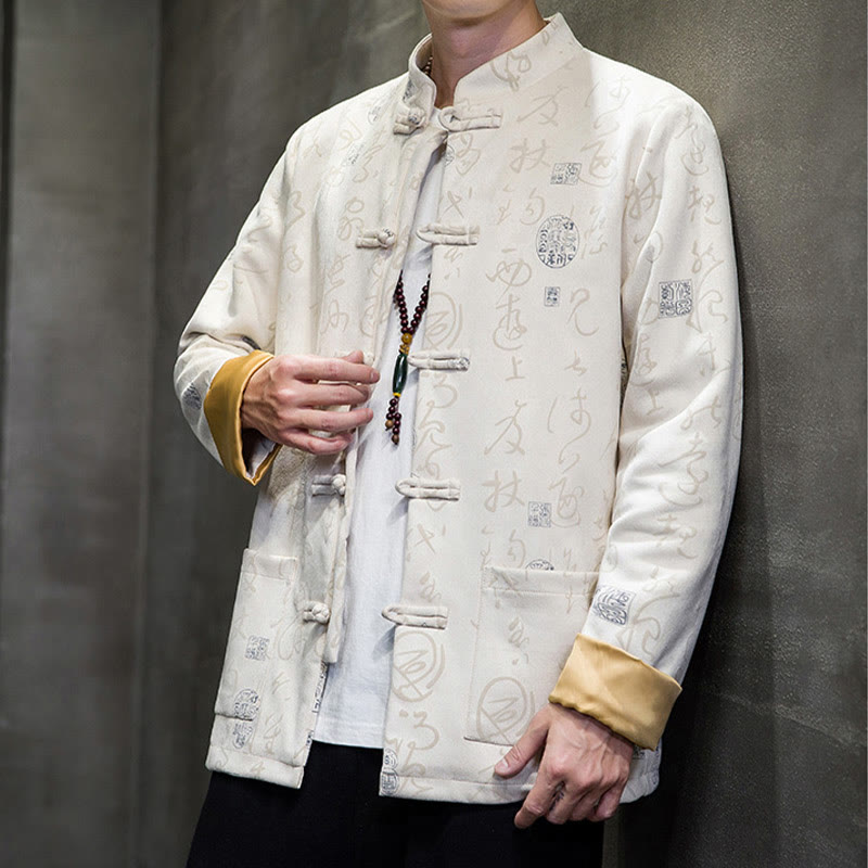 Buddha Stonesメンズ フロッグボタン 唐装 中国書道柄 鹿革 ポリエステル ジャケット シャツ ポケット付き