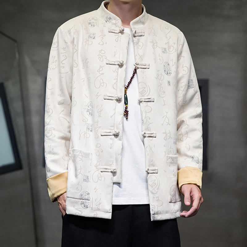 Buddha Stonesメンズ フロッグボタン 唐装 中国書道柄 鹿革 ポリエステル ジャケット シャツ ポケット付き