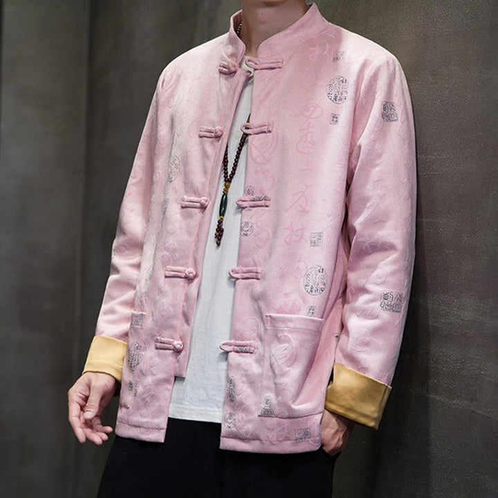 Buddha Stonesメンズ フロッグボタン 唐装 中国書道柄 鹿革 ポリエステル ジャケット シャツ ポケット付き