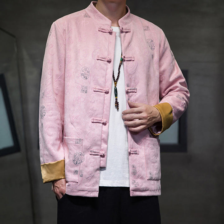 Buddha Stonesメンズ フロッグボタン 唐装 中国書道柄 鹿革 ポリエステル ジャケット シャツ ポケット付き