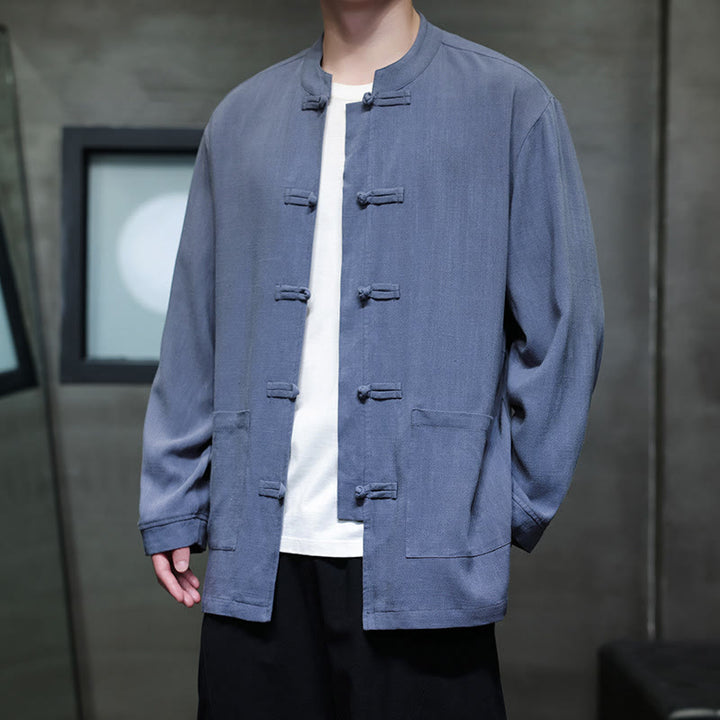 Buddha Stonesカジュアル 無地 フロッグボタン リネン メンズ ジャケット シャツ ポケット付き - image 1