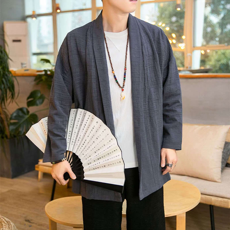 Buddha Stones秋冬 シンプル ゆったり 無地 リネン混 メンズ ミドル丈コート - image 2