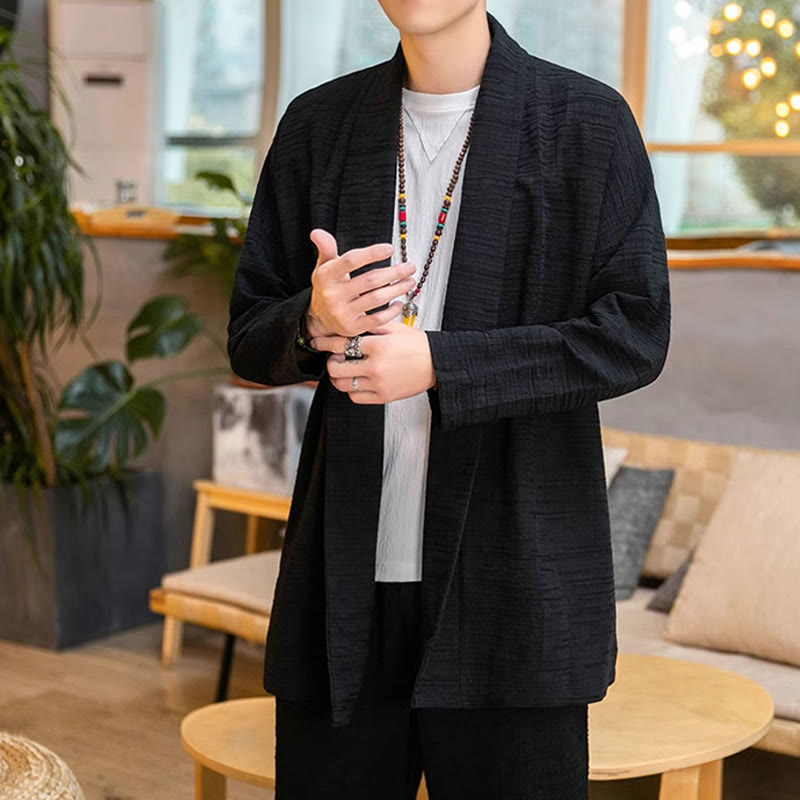 Buddha Stones秋冬 シンプル ゆったり 無地 リネン混 メンズ ミドル丈コート - image 9