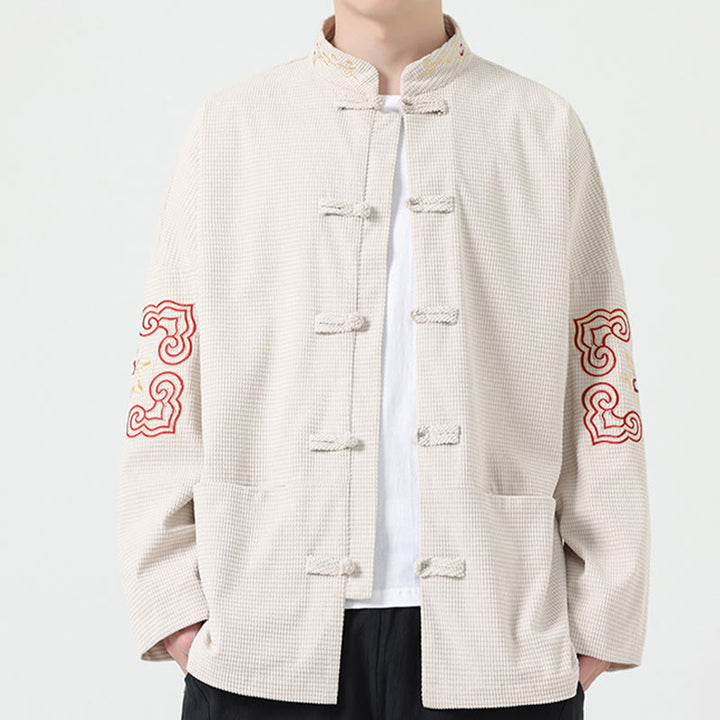 Buddha Stonesメンズ フロッグボタン タンスーツ シンメトリー刺繍 コットンコーデュロイジャケット シャツ ポケット付き