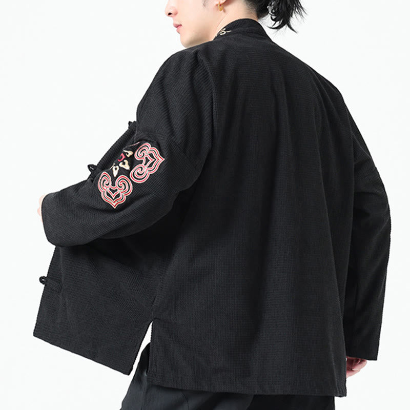 Buddha Stonesメンズ フロッグボタン タンスーツ シンメトリー刺繍 コットンコーデュロイジャケット シャツ ポケット付き