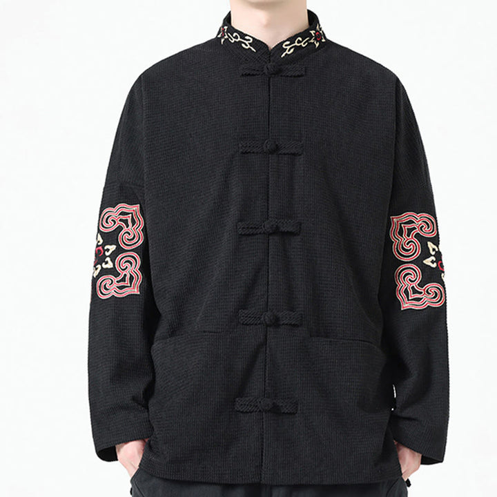 Buddha Stonesメンズ フロッグボタン タンスーツ シンメトリー刺繍 コットンコーデュロイジャケット シャツ ポケット付き