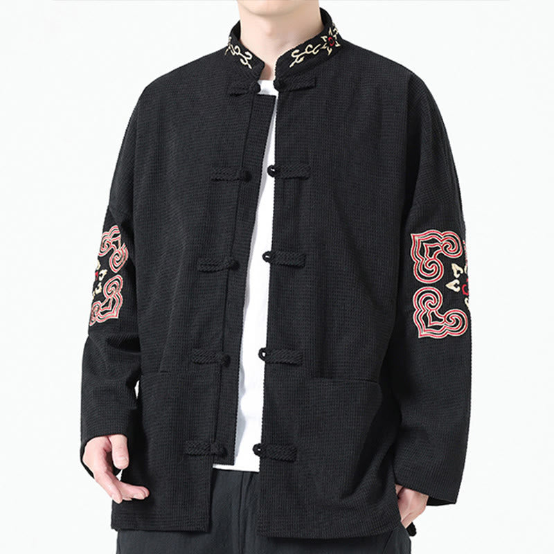 Buddha Stonesメンズ フロッグボタン タンスーツ シンメトリー刺繍 コットンコーデュロイジャケット シャツ ポケット付き