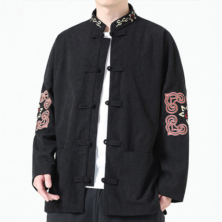 Buddha Stonesメンズ フロッグボタン タンスーツ シンメトリー刺繍 コットンコーデュロイジャケット シャツ ポケット付き