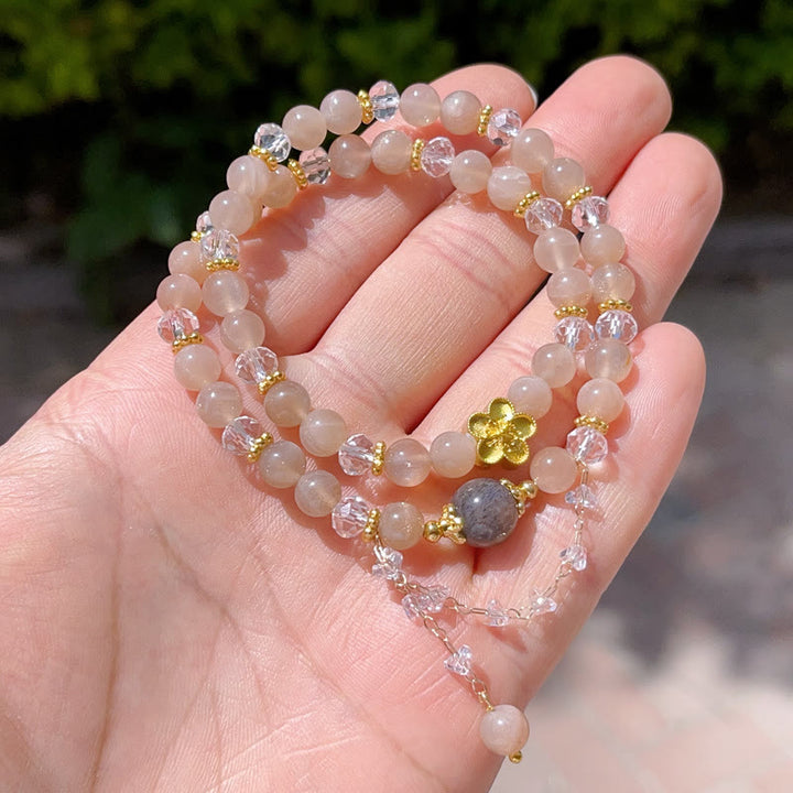 Buddha Stonesサンストーン クリスタル 桃の花 富 ダブルラップブレスレット