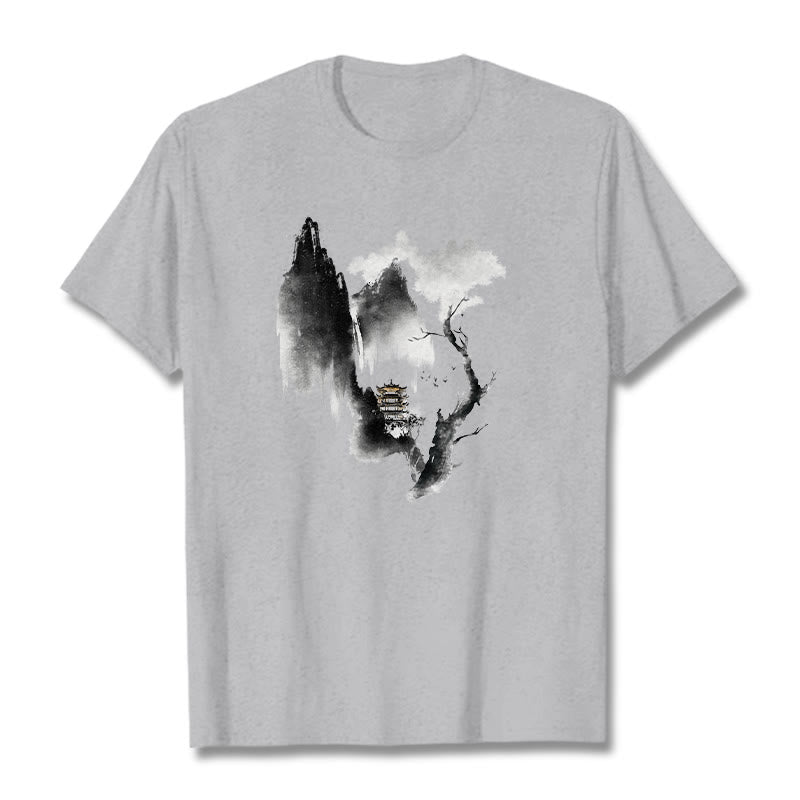 Buddha Stones、パビリオン、ツリー、ガチョウ、山の周りの模様のTシャツ - ライトグレー - 2XL - image 1
