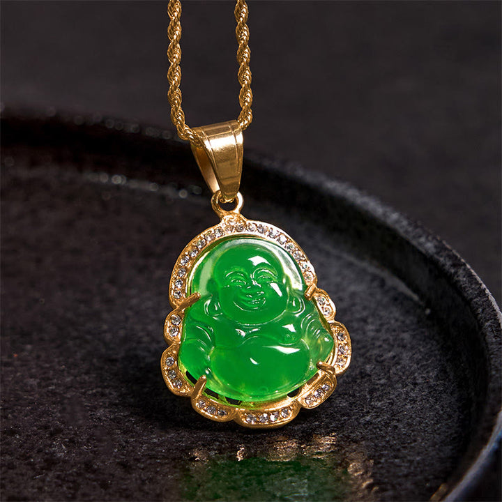 Buddha Stones18K ゴールドフィルド 笑う仏陀 翡翠 幸運のネックレスチェーンペンダント - image 2