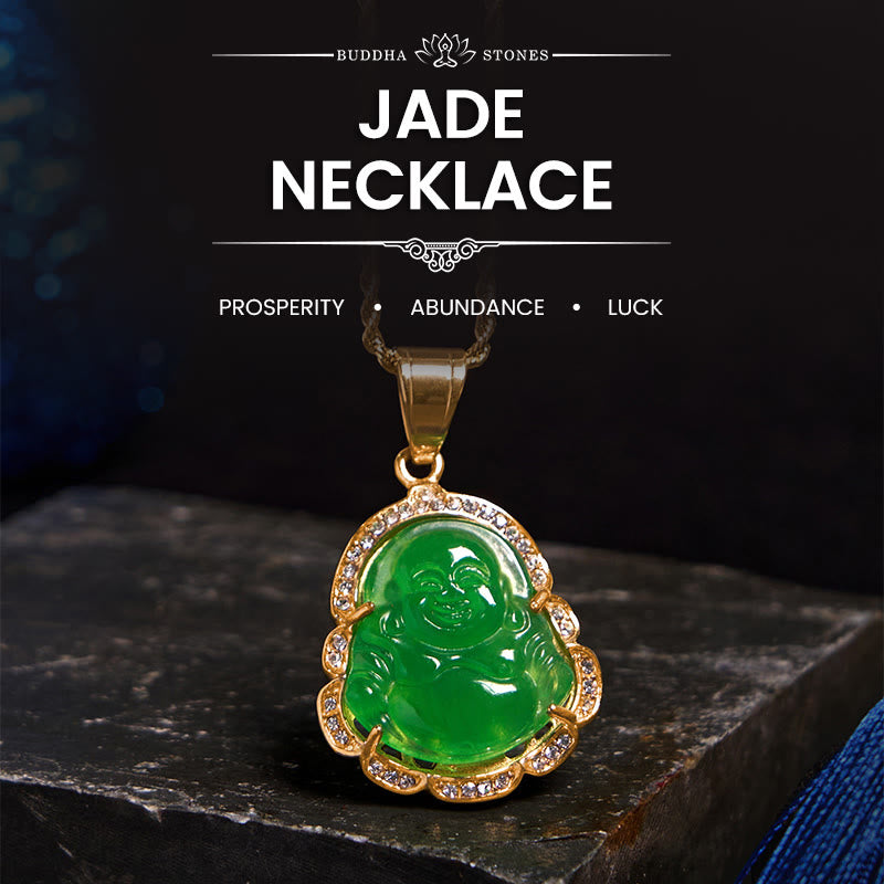 Buddha Stones18K ゴールドフィルド 笑う仏陀 翡翠 幸運のネックレスチェーンペンダント - 緑 - image 1