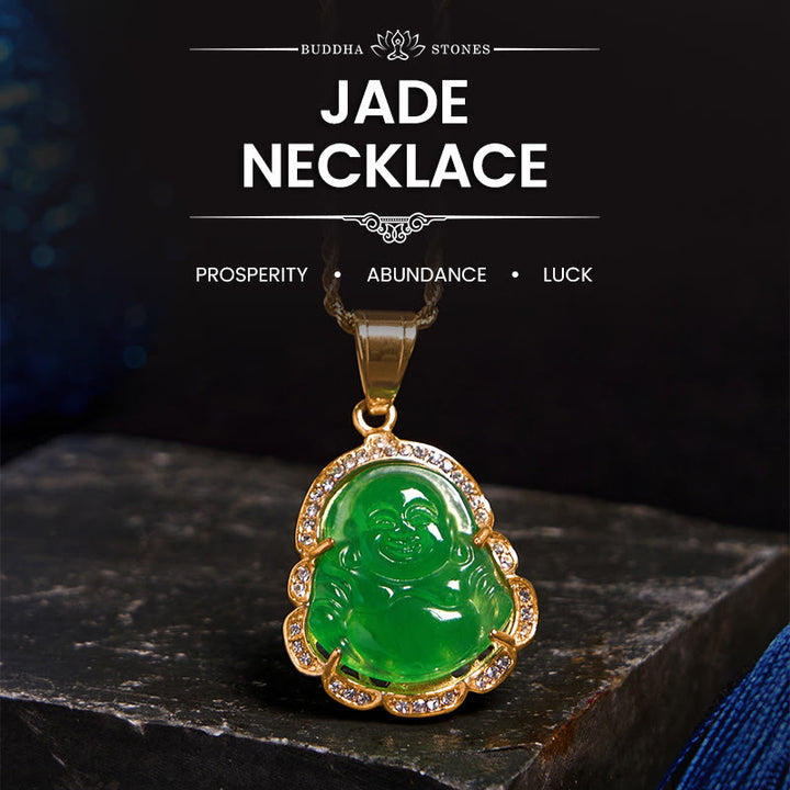 Buddha Stones18K ゴールドフィルド 笑う仏陀 翡翠 幸運のネックレスチェーンペンダント - 緑 - image 1