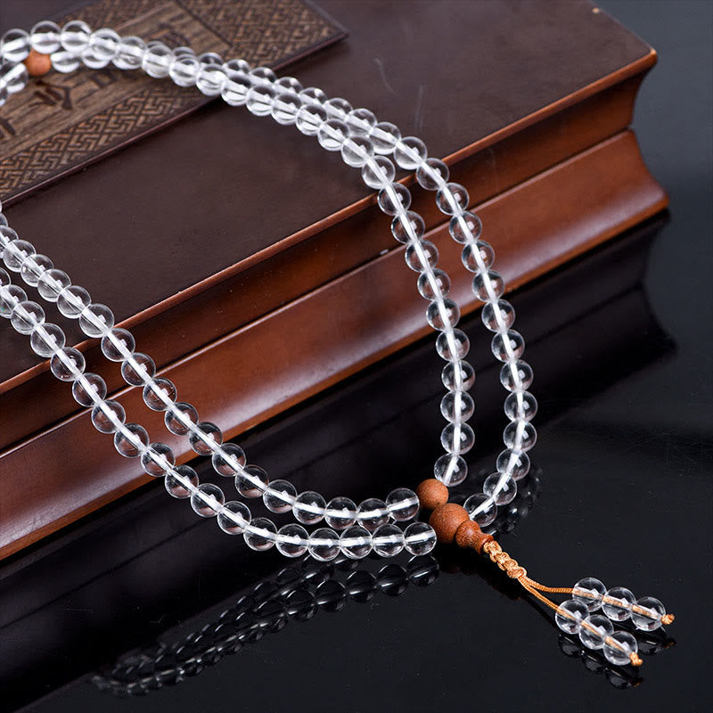 Buddha Stones 108Malaビーズ 天然石 ホワイトクリスタル サンダルウッド ヒーリングブレスレット