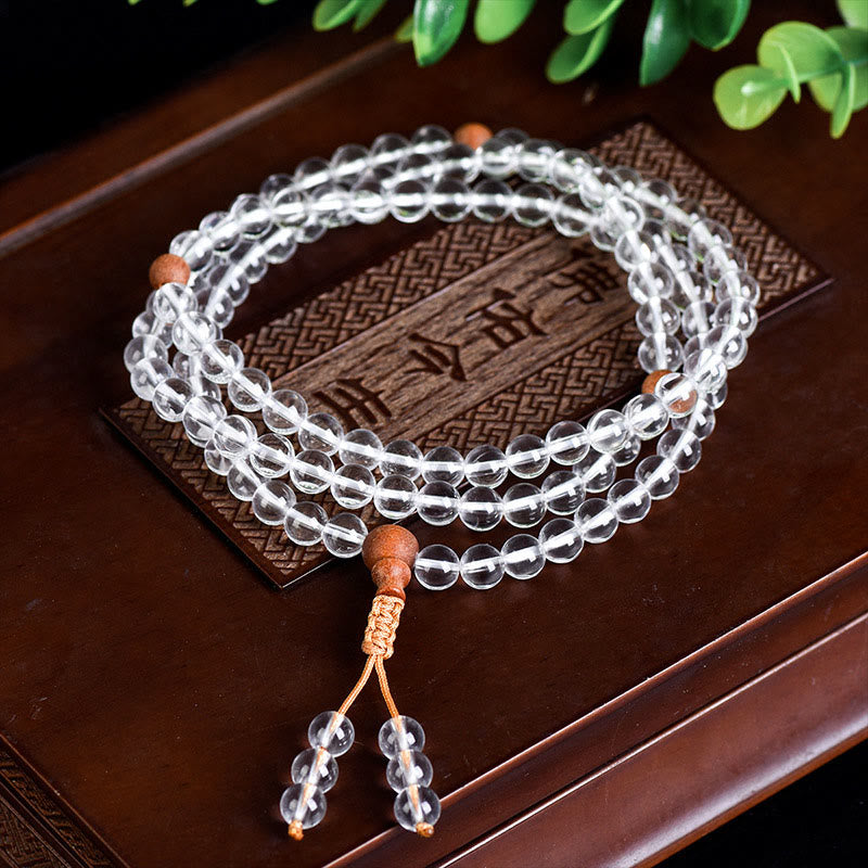 Buddha Stones 108Malaビーズ 天然石 ホワイトクリスタル サンダルウッド ヒーリングブレスレット
