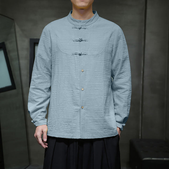 Buddha Stones無地 ハーフフロッグボタン 唐装 コットンリネン メンズ ジャケット シャツ - image 6