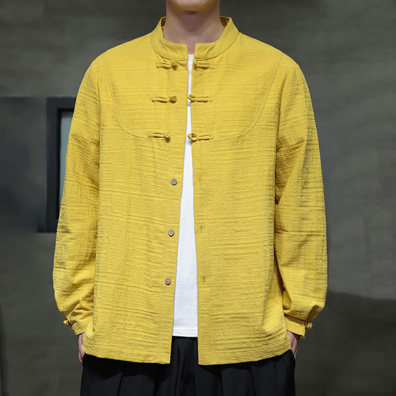 Buddha Stones無地 ハーフフロッグボタン 唐装 コットンリネン メンズ ジャケット シャツ - 黄色 - US/UK/AU46、 EU56 (5XL) - image 24