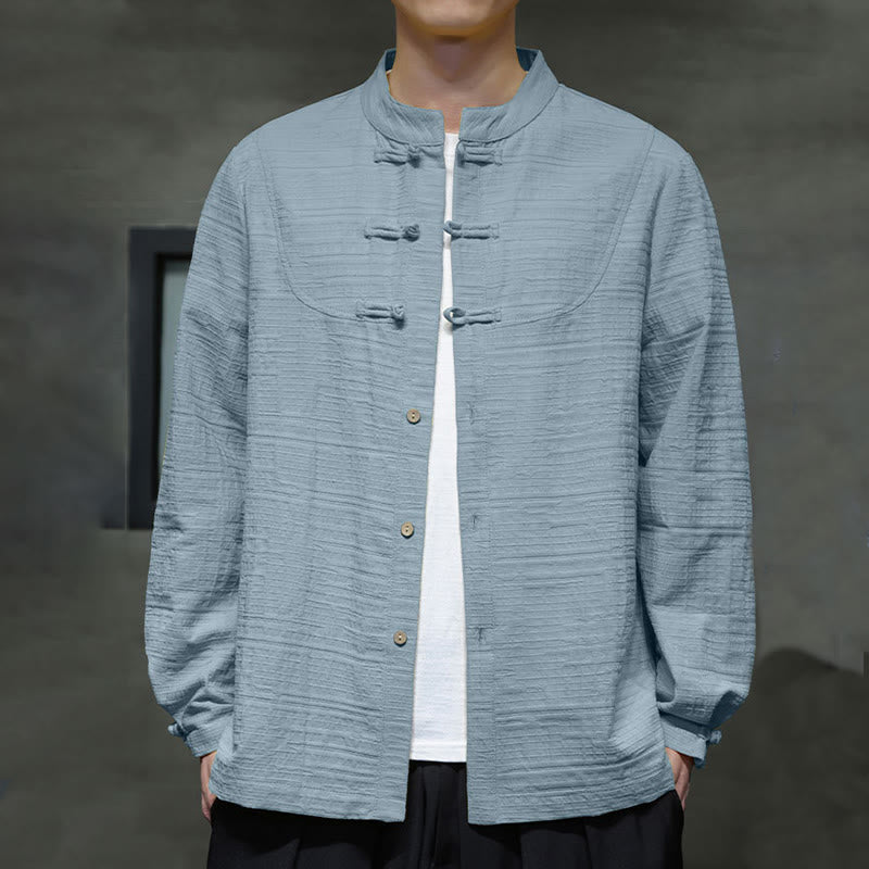 Buddha Stones無地 ハーフフロッグボタン 唐装 コットンリネン メンズ ジャケット シャツ - image 1