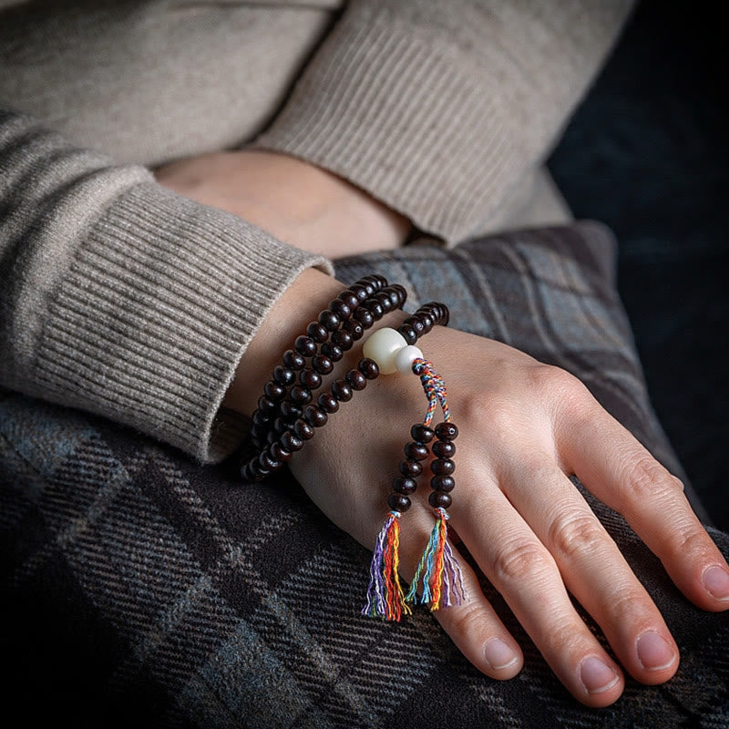 Buddha Stones108 個入りMalaビーズ ボウル 菩提樹 色付きロープ 平和ブレスレット