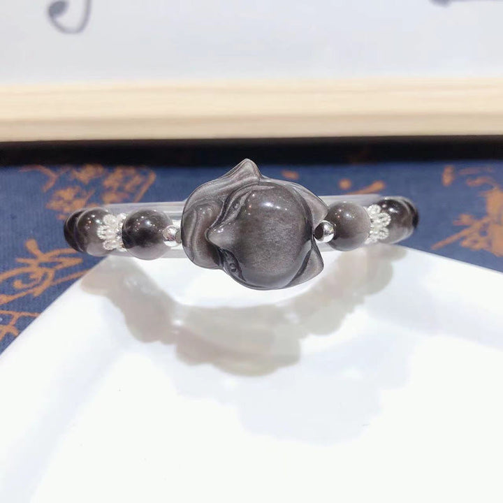 Buddha Stones天然銀光沢黒曜石 九尾狐 コミュニケーションブレスレット