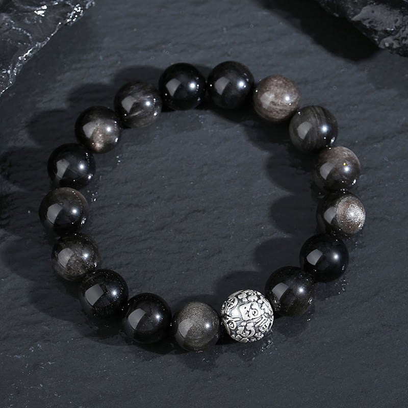Buddha Stones黒曜石999スターリングシルバー浄化福人格変容ブレスレット