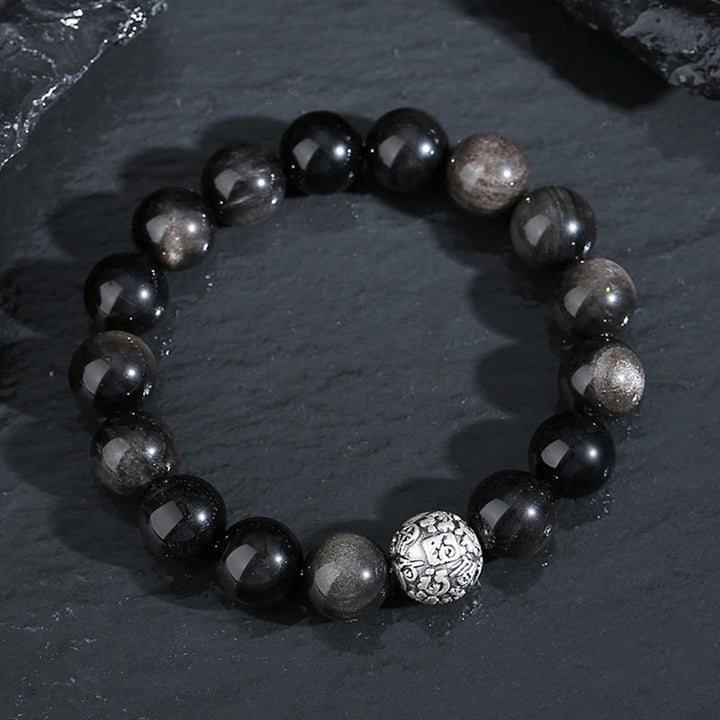 Buddha Stones黒曜石999スターリングシルバー浄化福人格変容ブレスレット