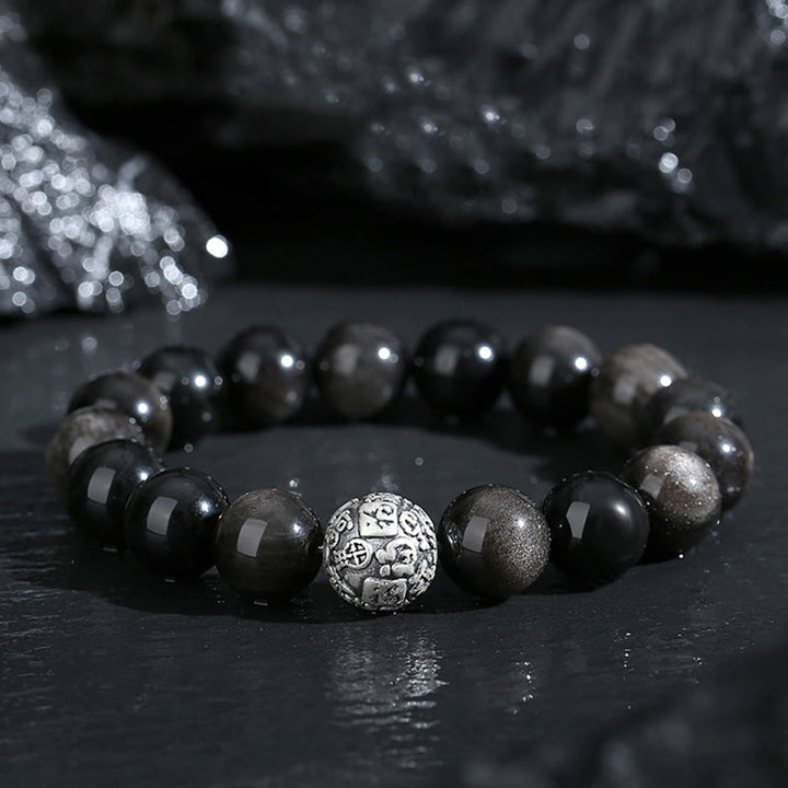 Buddha Stones黒曜石999スターリングシルバー浄化福人格変容ブレスレット