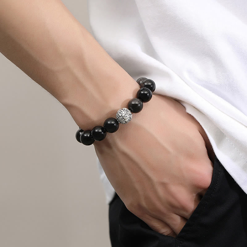 Buddha Stones黒曜石999スターリングシルバー浄化福人格変容ブレスレット