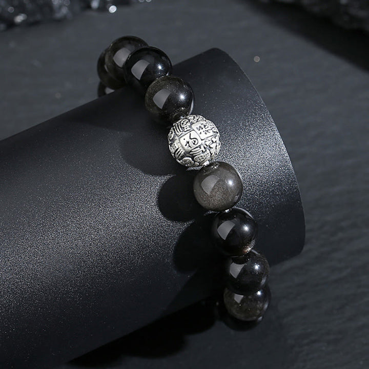 Buddha Stones黒曜石999スターリングシルバー浄化福人格変容ブレスレット