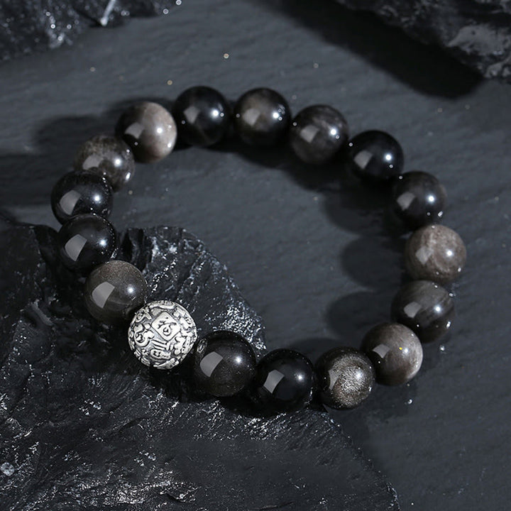Buddha Stones黒曜石999スターリングシルバー浄化福人格変容ブレスレット