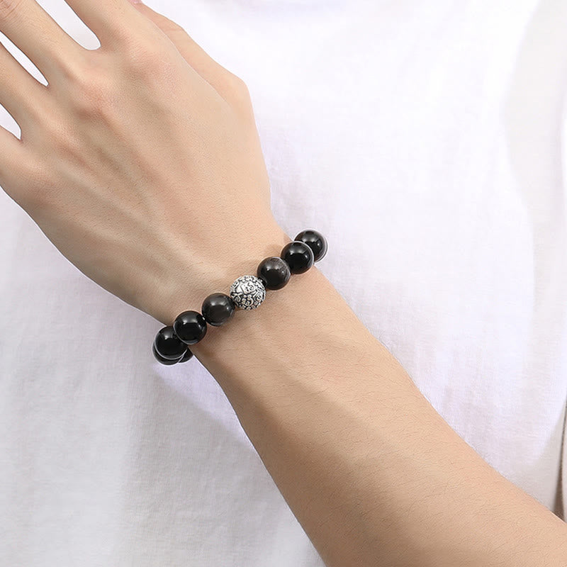 Buddha Stones黒曜石999スターリングシルバー浄化福人格変容ブレスレット