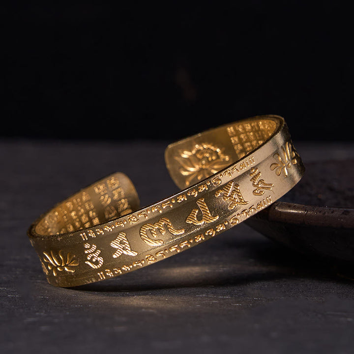 Buddha Stones六つの真実の言葉「om Mani Padme Hum」般若心経 蓮華 銅 真鍮 平和 カフ ブレスレット バングル
