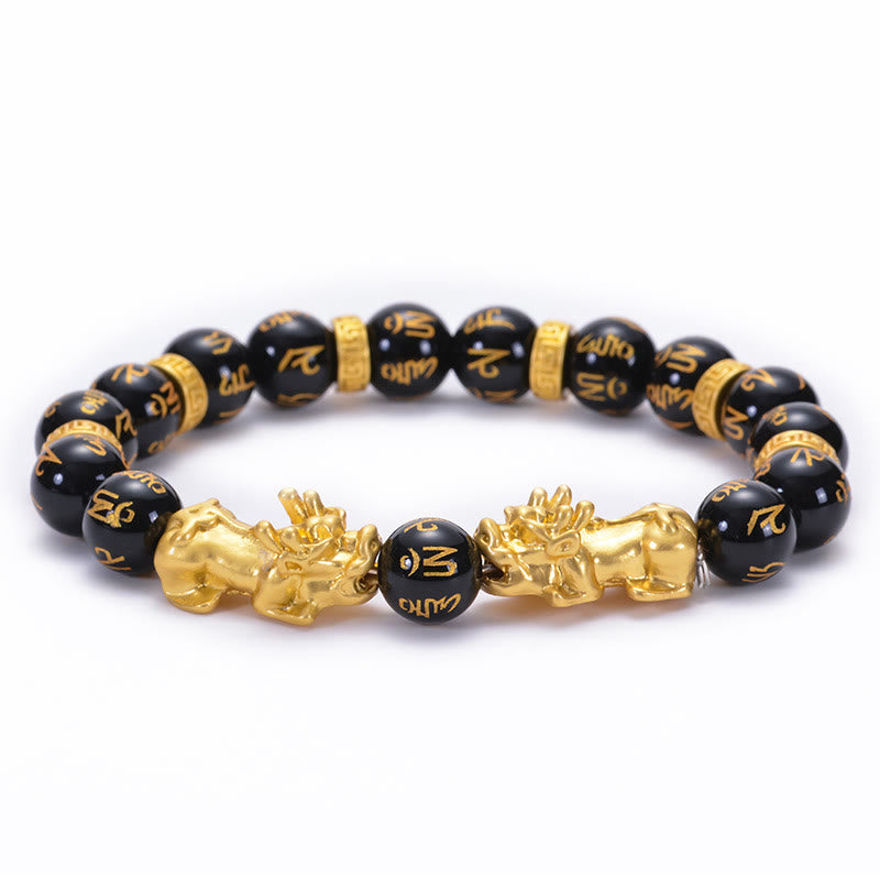 Buddha Stones黒曜石 ブラックオニキス 黄金合金 2つの貔貅オーム・マニ・パドメ・フム強さブレスレット