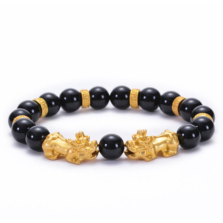 Buddha Stones黒曜石 ブラックオニキス 黄金合金 2つの貔貅オーム・マニ・パドメ・フム強さブレスレット