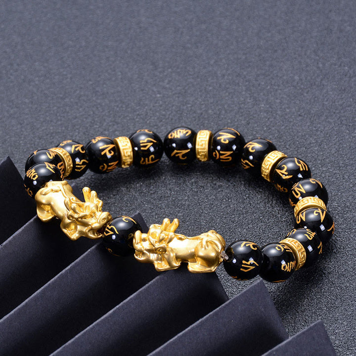 Buddha Stones黒曜石 ブラックオニキス 黄金合金 2つの貔貅オーム・マニ・パドメ・フム強さブレスレット