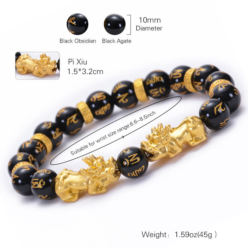 Buddha Stones黒曜石 ブラックオニキス 黄金合金 2つの貔貅オーム・マニ・パドメ・フム強さブレスレット