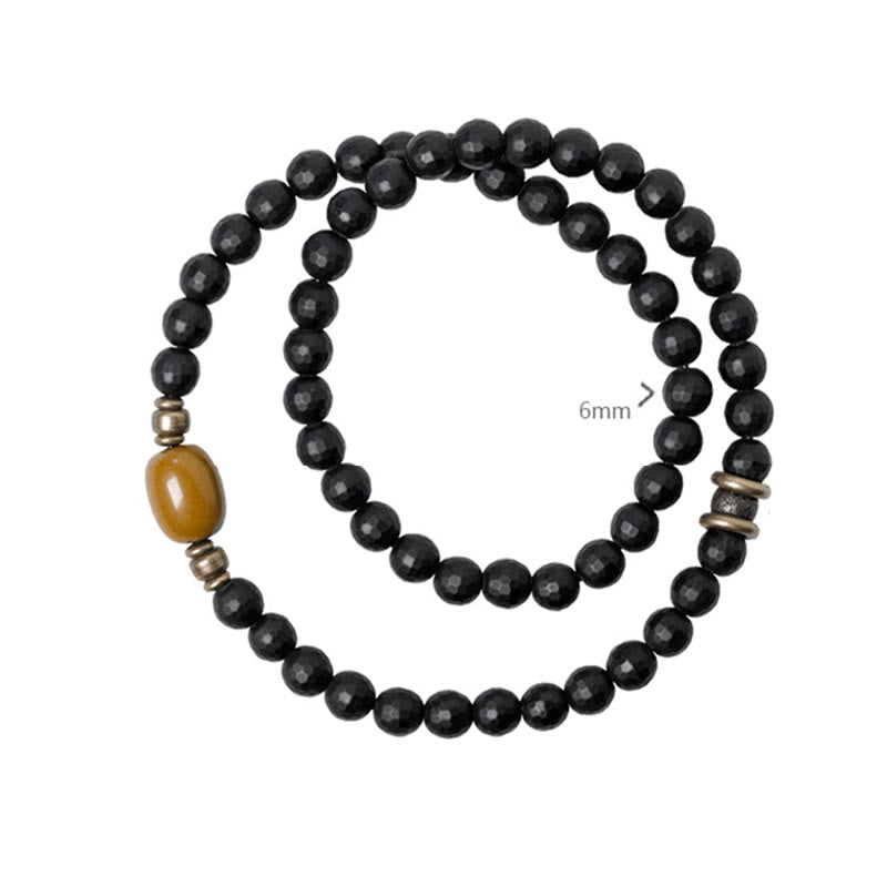 Buddha Stonesつや消しカット面 ブラックオニキス トパーズビーズ ダブルラップ保護ブレスレット