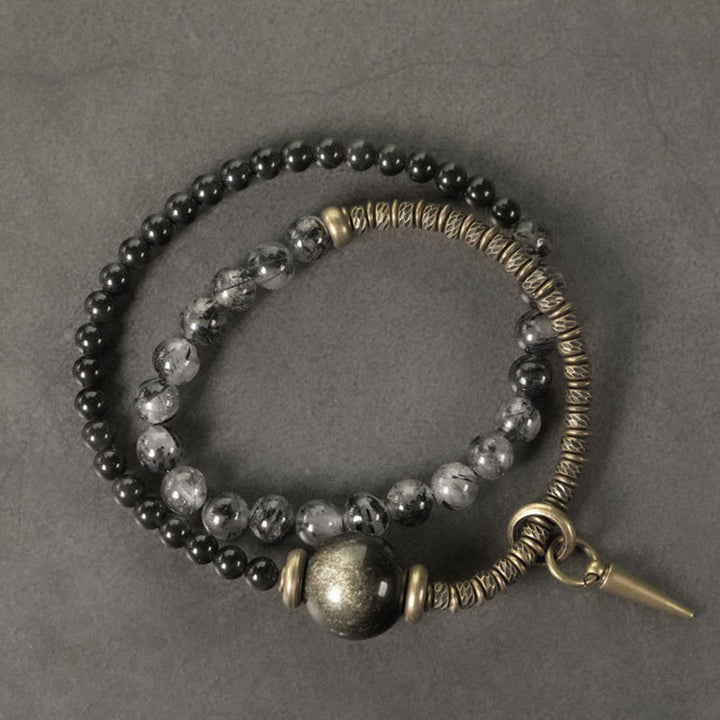Buddha Stonesゴールドシーンオブシディアン ブラックルチルクォーツ 銅 真鍮 ダブルラップ プロテクションブレスレット