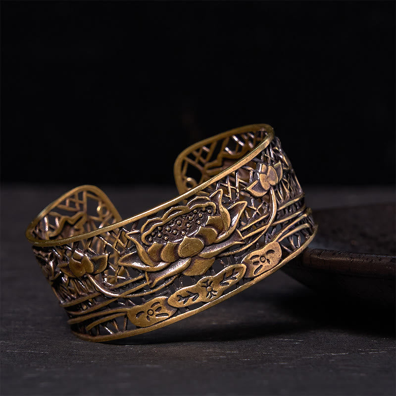 Buddha Stones中空蓮 銀メッキ銅 ヒーリング 悟り ブレスレット バングル