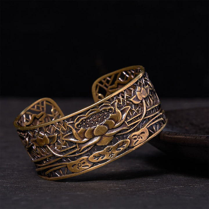 Buddha Stones中空蓮 銀メッキ銅 ヒーリング 悟り ブレスレット バングル