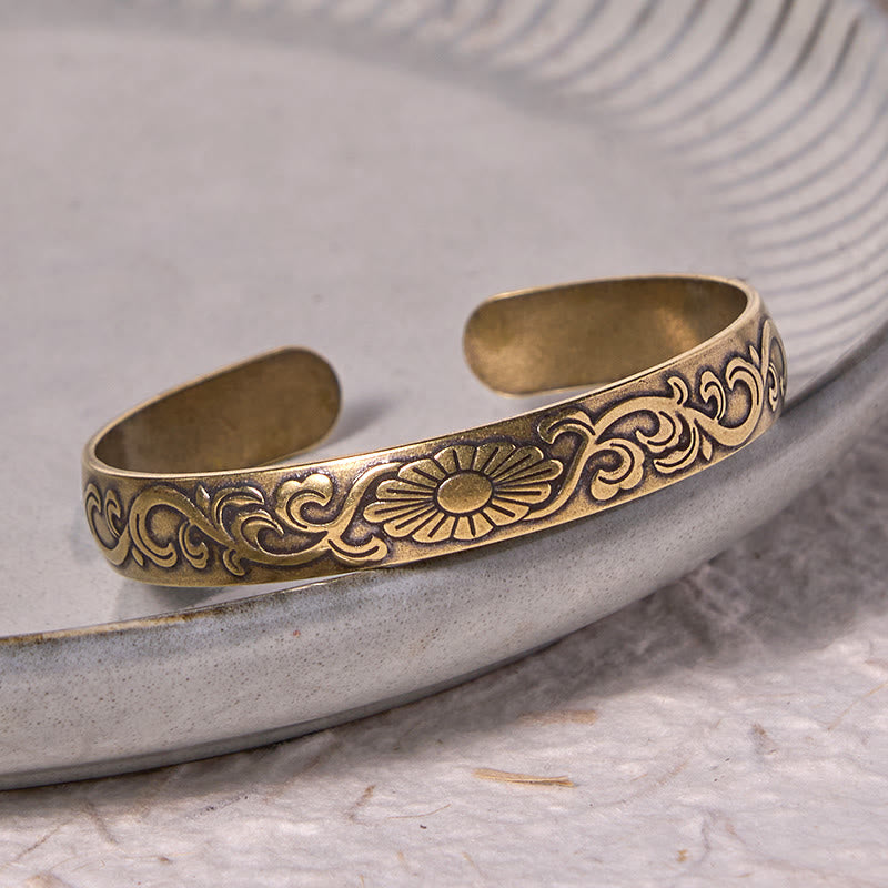 Buddha Stonesデイジーフラワー ツル 銅 真鍮 幸運 セルフケア カフ ブレスレット バングル