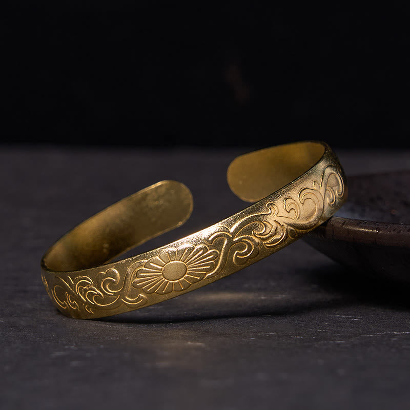 Buddha Stonesデイジーフラワー ツル 銅 真鍮 幸運 セルフケア カフ ブレスレット バングル