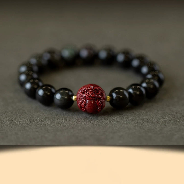 Buddha Stones十二支 天然黒曜石 辰砂 浄化ブレスレット